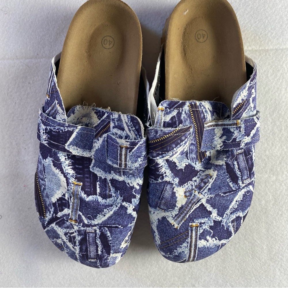 Blue Denim Patterned Clogs Mules Women size 40